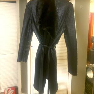 Carmen Marc Valvo Couture Black Leather Wrap with Real Mink Collar & Lining